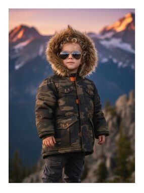 new Rothschild 𖠌 Camo Print Puffer Hoodie Parka Jacket 𖠌 Faux Fur Trim 𖠌 Army